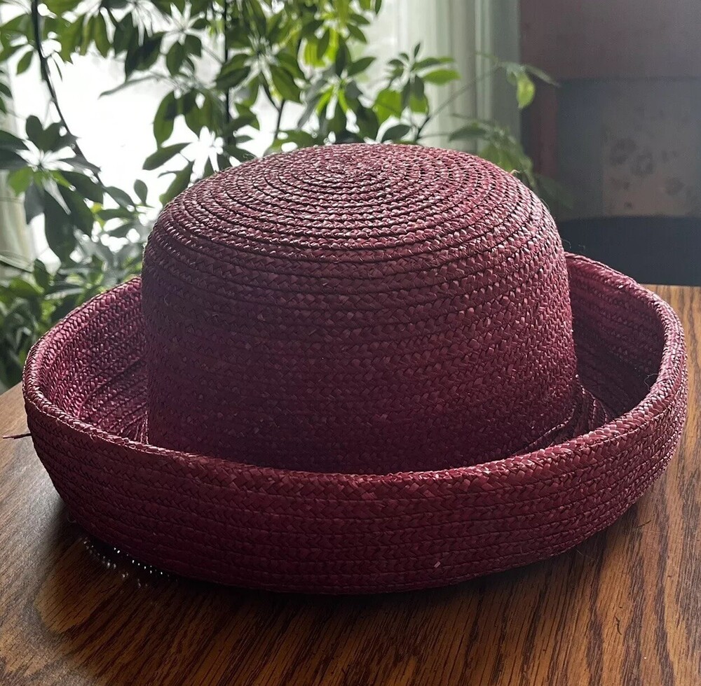 VTG Laura Ashley Italy Cloche Summer Rolled Brim 90s Red Pink Raffia Straw Hat